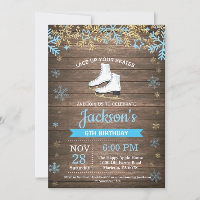 Invitation bleue de patin de fête d'anniversaire (Devant)