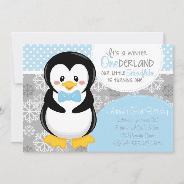 Invitation bleue de pingouin d'ONEderland d'hiver (Devant)