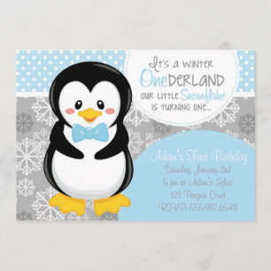 Invitation bleue de pingouin d'ONEderland d'hiver
