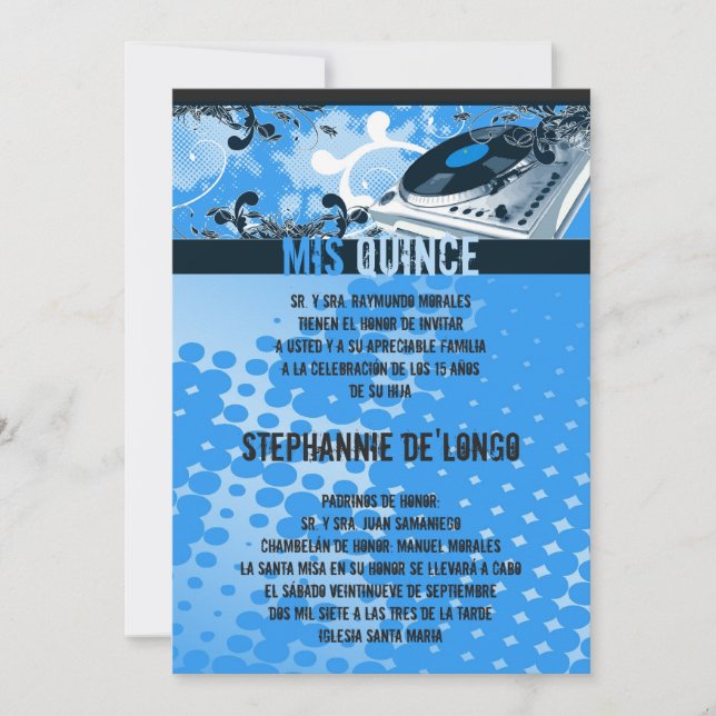 invitation bleue de Quinceanera de Tourne-disque (Devant)