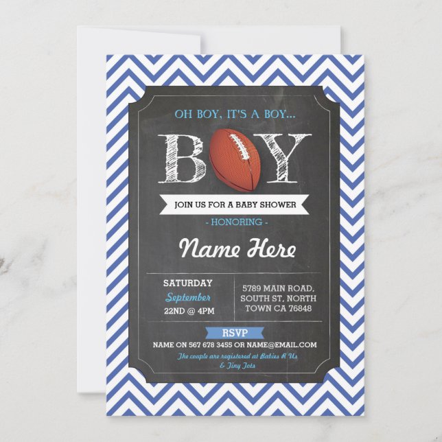 Invitation bleue de rugby de baby shower de garçon (Devant)