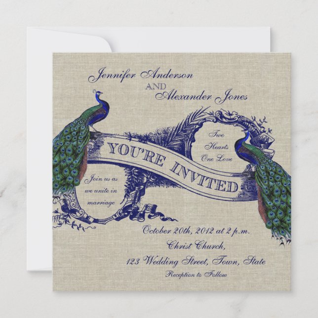 Invitation bleue de toile de paons de mariage (Devant)