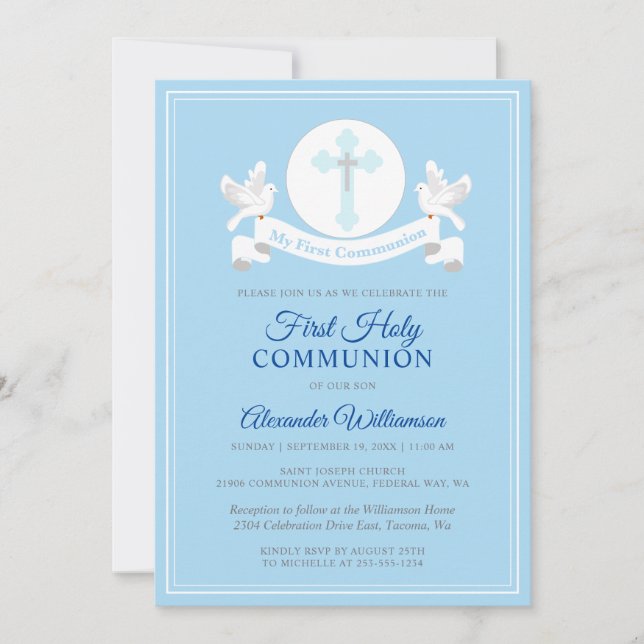 Invitation Bleue du premier garçon communion (Devant)