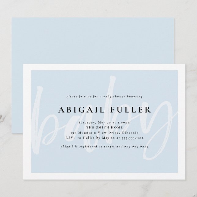 Invitation bleue et blanche balayée de baby shower (Devant / Derrière)