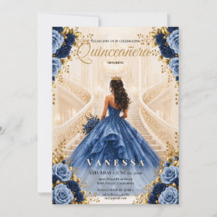 Invitation Bleue et Dorée pour Quinceanera