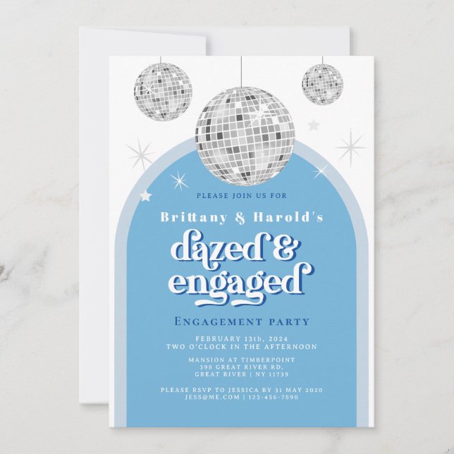 Invitation BLEUE pastel Elegant Retro Disco Fiançailles photo (Devant)