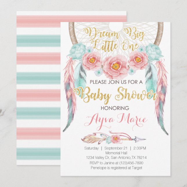 Invitation bleue rose de baby shower de Boho (Devant / Derrière)