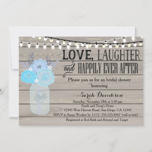 Invitation bleue rustique de Fête de la mariée de (Devant)