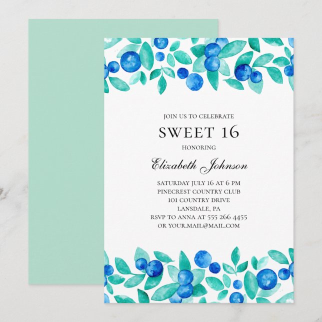 Invitation Bleuets doux 16. Monnaie et bleu 16e anniversaire (Devant / Derrière)