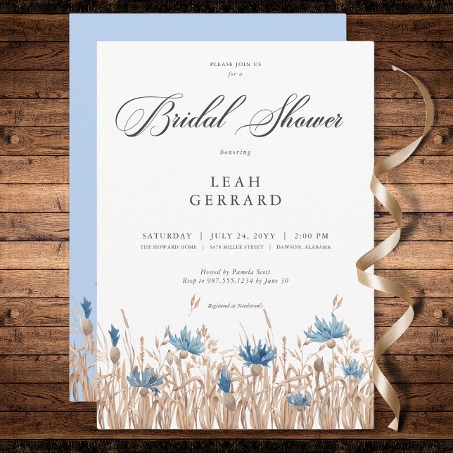 Invitation Bleus Bleuets & Champ de Blé Baby Shower (Blue Cornflowers & Wheat Field Bridal Shower Invitation)