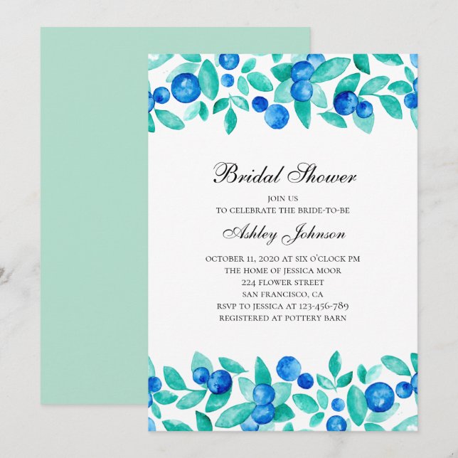 Invitation Bleus des bois. Douche nuptiale bleue et menthe (Devant / Derrière)