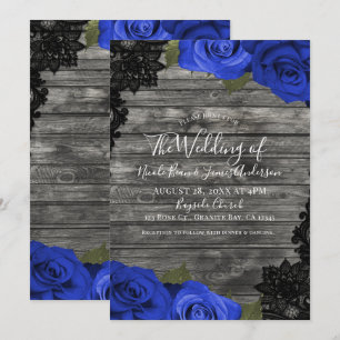 Invitation Bleus Roses Bois Rustique Mariage Dentelle Noire