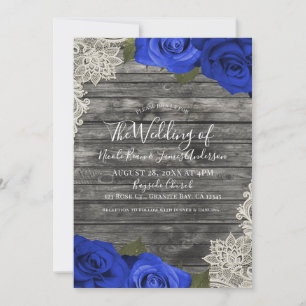 Invitation Bleus Roses Rustique Bois Crème Dentelle de Mariag