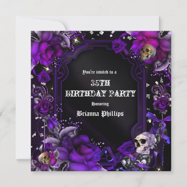 Invitation Bling Crânes Roses Noires Violet Gothiq (Devant)