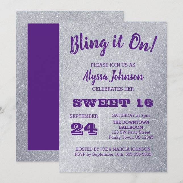 Invitation Bling it On Silver Sparkles Purple Sweet 16 (Devant / Derrière)
