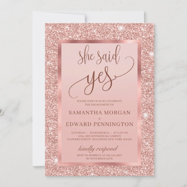 Invitation Bling rose Gold fiançailles elle a dit oui (Devant)