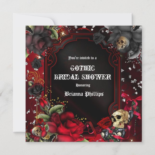 Invitation Bling Roses Noires Rouge Gothique Crâne (Devant)