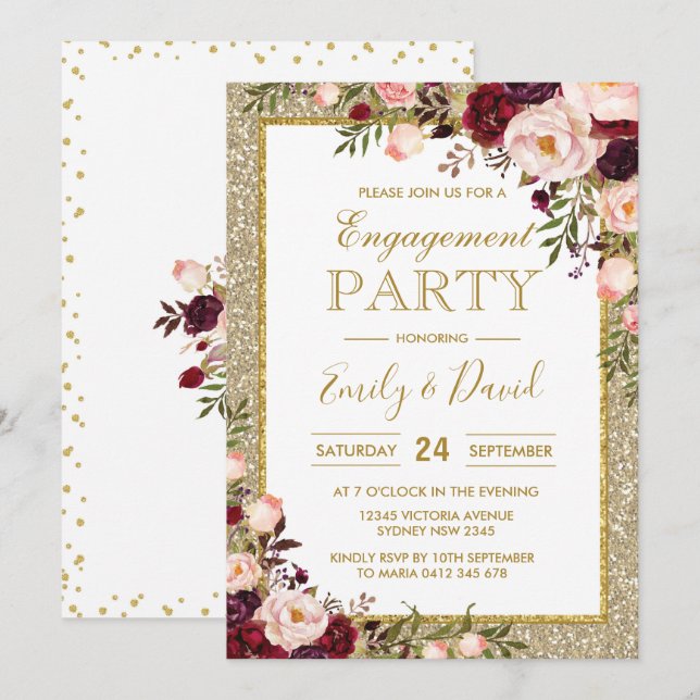 Invitation Bling Watercolor Burgundy Blush Rose Fiançailles (Devant / Derrière)