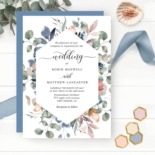 Invitation Blissant Floral Dusty Bleu et Mariage de verdure (Créateur téléchargé)