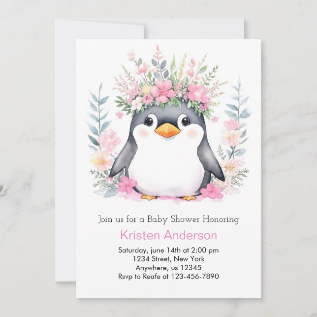 Invitation Blisser Whispers mignon Baby shower de fille Pengu (Devant)