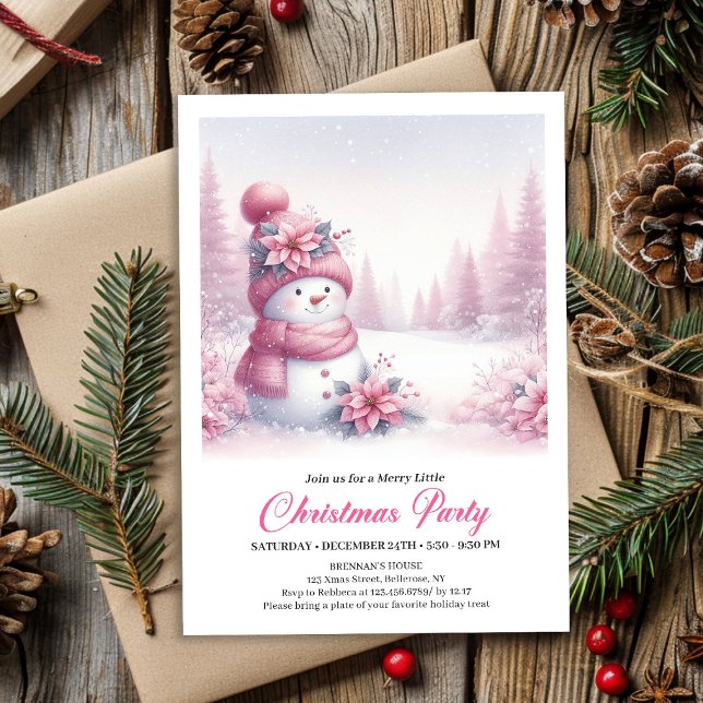 Invitation Blissful Snowy Pink Snowman Editable Kids Christma (Blissful Snowy Pink Snowman Editable Kids Christmas Invite)