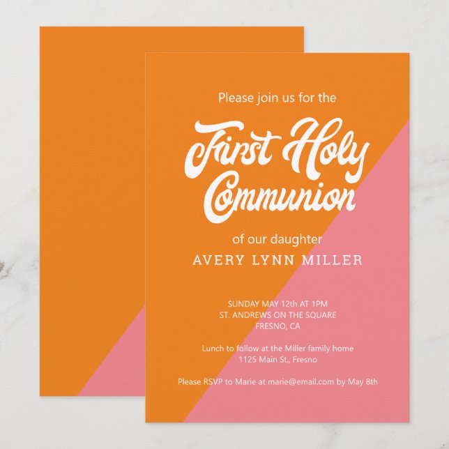 Invitation Bloc de couleur rose orange moderne Première commu (Devant / Derrière)