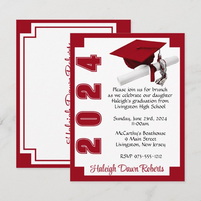 Invitation Blocage de coin blanc et rouge écarlate Graduation (Devant / Derrière)