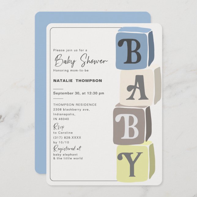 Invitation Blocs Baby shower garçon bleu (Devant / Derrière)