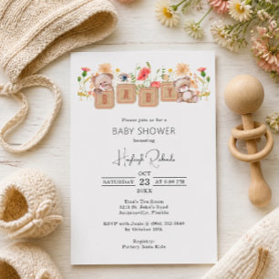 Invitation Blocs bébé, ours et fleurs sauvages Shower