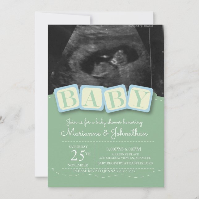 Invitation Blocs de baby shower Boy Plaid Ultrasound Photo In (Devant)