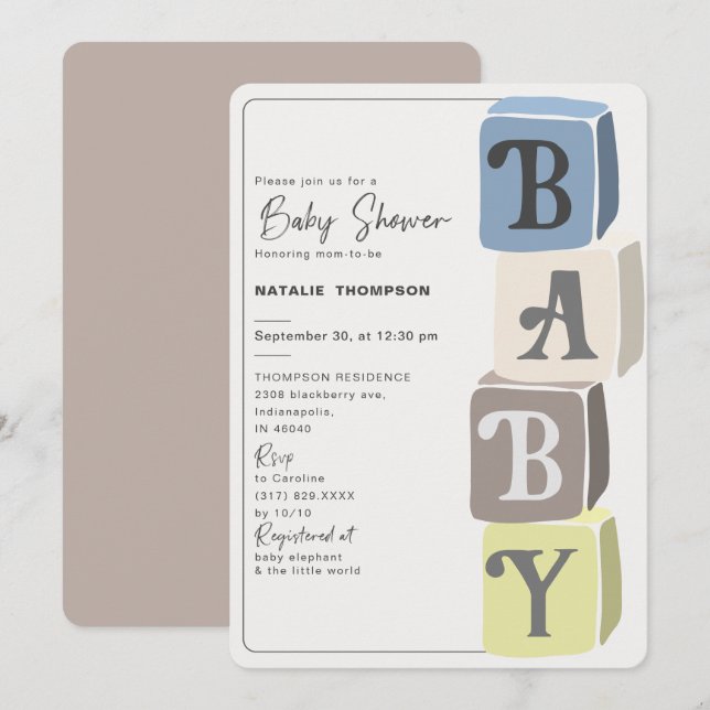 Invitation Blocs de Baby shower garçon (Devant / Derrière)
