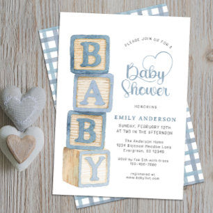 Invitation Blocs de Bébé Bleu Poussiéreux Fête de Naissance C
