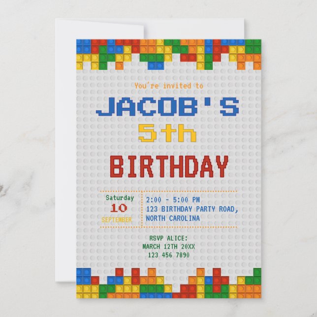 Invitation Blocs de construction fête d'anniversaire (Devant)