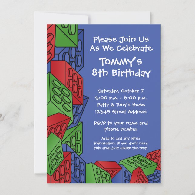 Invitation Blocs de construction pour enfants fête d'annivers (Devant)