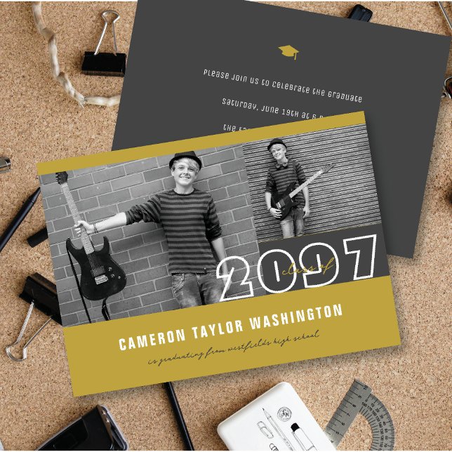 Invitation Blocs photo Gold 2 moderne Simple Graduation Party (Modern Gold 2 Photo Blocks Simple Graduation Announcement & Party Invitation @ fatfatin)