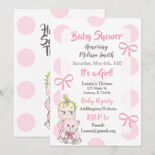 Invitation Blonde Baby Girl with Teddy Bear Baby showiwing