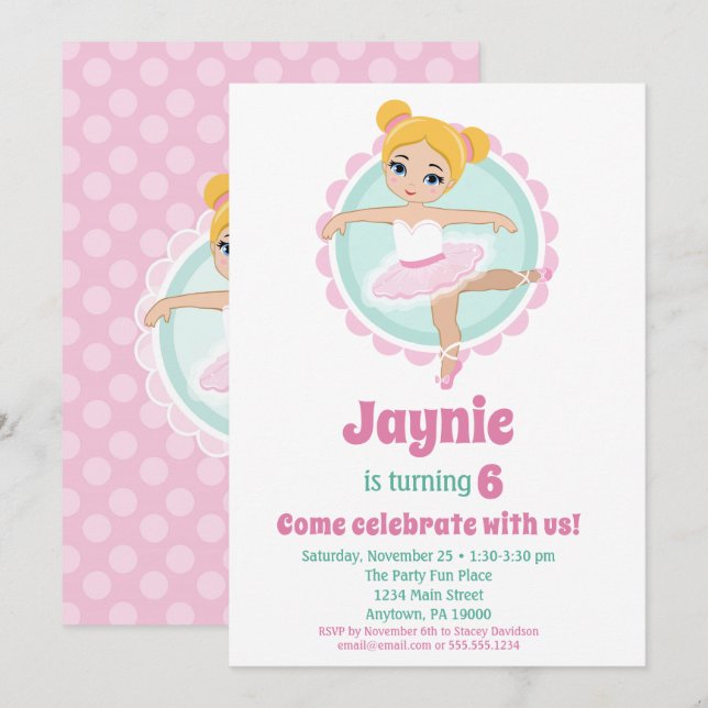 Invitation Blonde Ballerina Ballet Danse Anniversaire (Devant / Derrière)