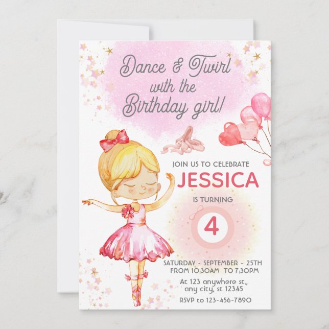 Invitation Blonde Ballerina fille anniversaire ballet (Devant)