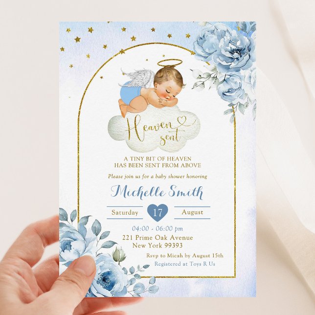 Invitation Blonde Bleu Petit Ange Ciel Envoyé Baby shower (Créateur téléchargé)