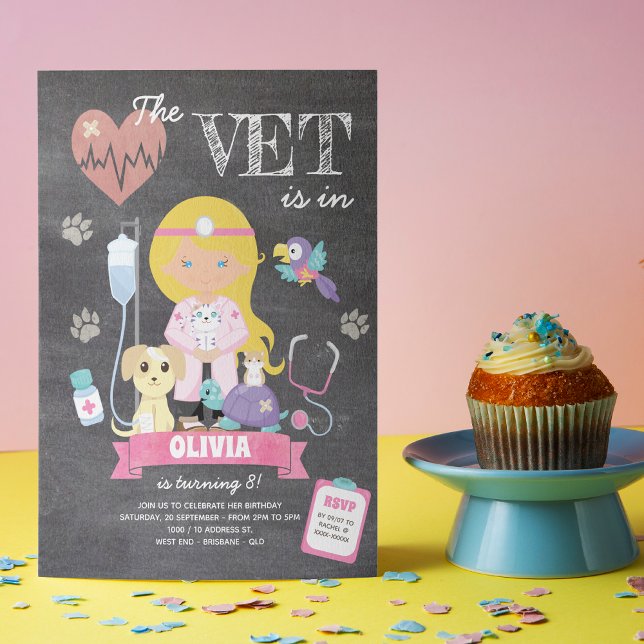 Invitation Blonde Blue Eyed Chalkboard Vet Anniversaire (his girl’s vet birthday invitation is just the right medicine to your celebration)