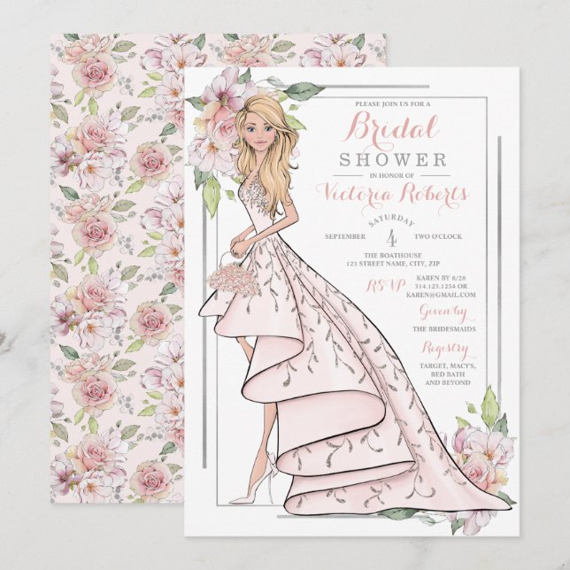 Invitation Blonde Bride Fête des mariées florale (Devant / Derrière)
