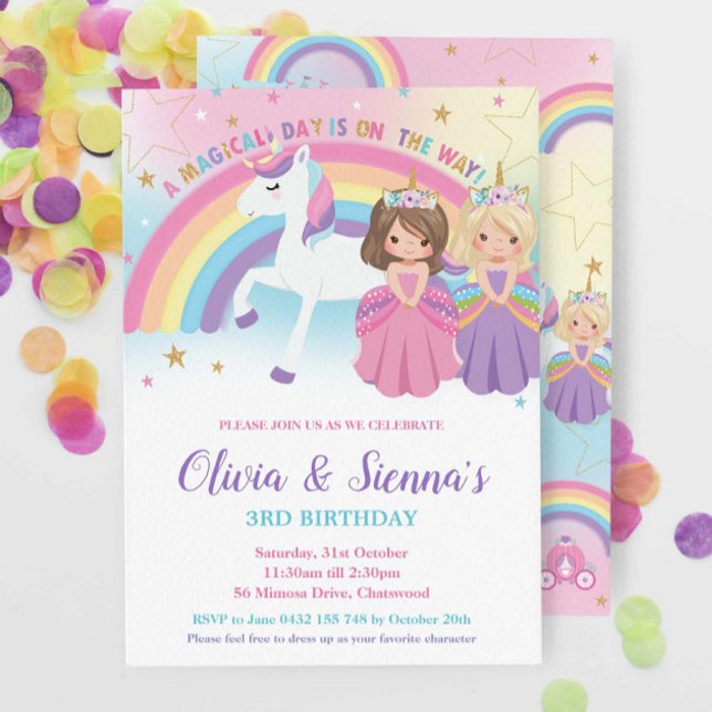 Invitation Blonde Brunette Twins Princesses Unicorne Annivers (Créateur téléchargé)