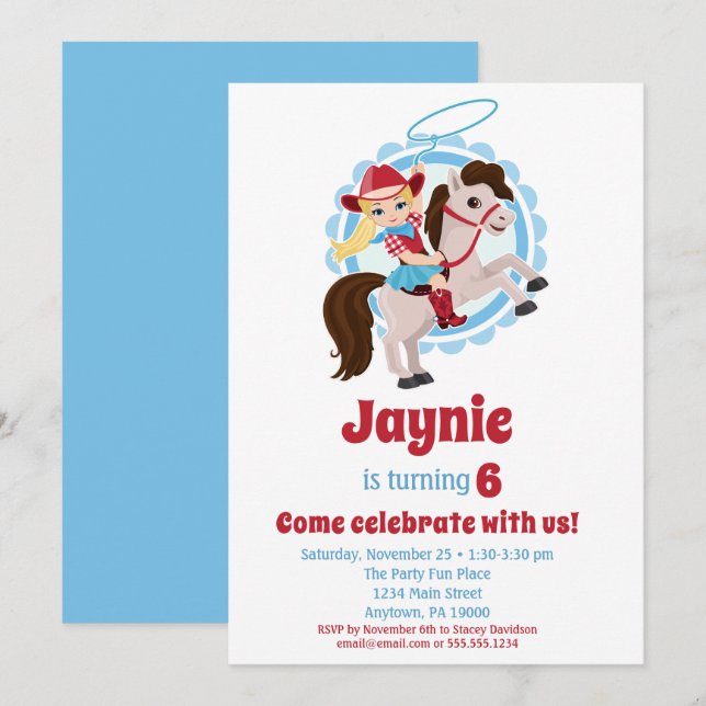 Invitation Blonde Cowgirl Horse Rodeo fête d'anniversaire (Devant / Derrière)