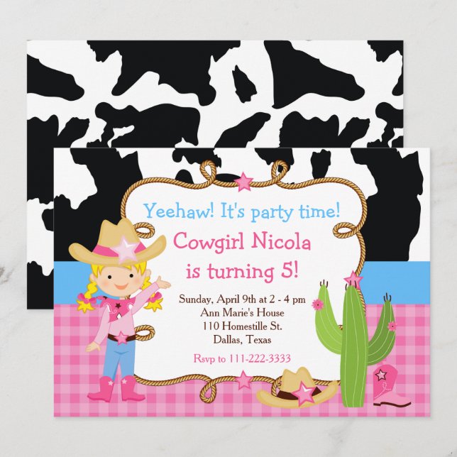 Invitation Blonde Cowgirl Western fête d'anniversaire (Devant / Derrière)