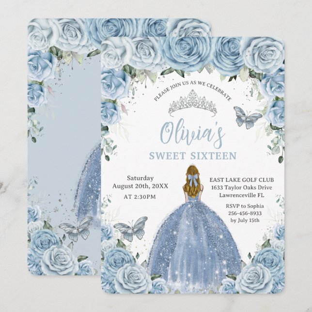 Invitation Blonde doux 16 Bleu Floral Papillons en argent (Devant / Derrière)