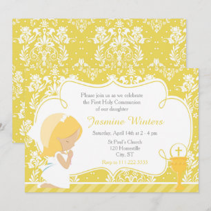 Invitation Blonde fille première communion Gold Damask