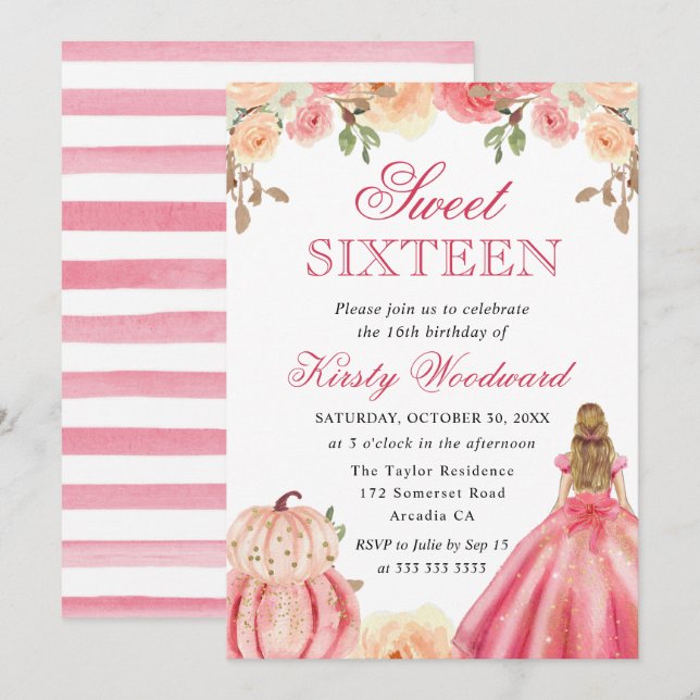 Invitation Blonde Girl en Robe Rose Floral Citrouille Sweet 1 (Devant / Derrière)