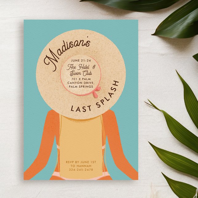Invitation Blonde Girl Palm Springs Bachelorette Pool (blonde hair and tan skin girl wearing a beach hat - bachelorette pool party invitation)
