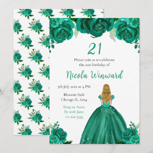 Invitation Blonde Hair Princess Green Floral fête d'anniversa