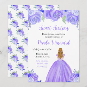 Invitation Blonde Hair Princess Purple Floral Sweet sixteen